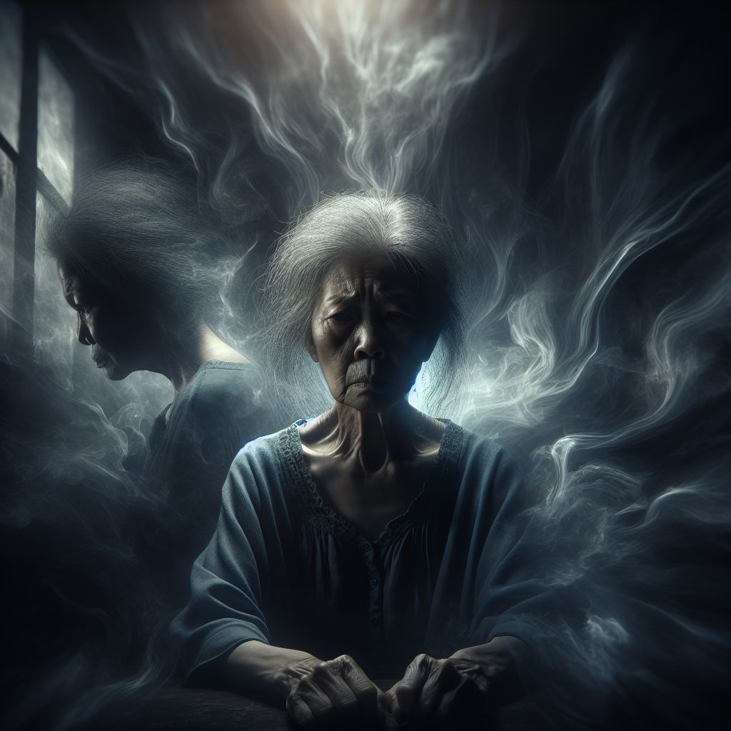 Surreal dream scene, cinematic and atmospheric, digital art: A surreal and emotional scene depicting an elderly woman in a dimly lit room, expressing intense distress and confusion, with an ethereal, shadowy aura surrounding her, conveying a sense of inner turmoil and a loved one’s deep struggle.