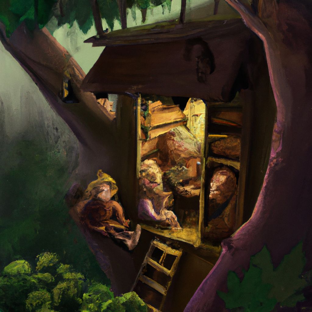 Digital art, As they reminisced about their childhood, a group of old friends reunited for a sleepover in a cozy tree house surrounded by lush greenery.