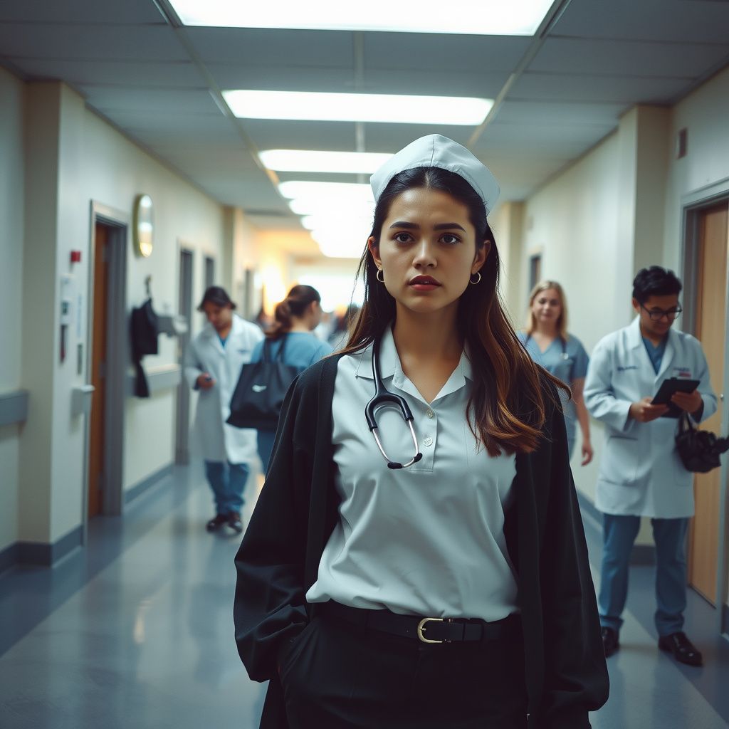 Surreal dream scene, cinematic and atmospheric, digital art: A young woman nervously pretending to be a newly graduated nurse, walking confidently through a busy hospital floor with other nurses and doctors around her, soft natural lighting highlighting her anxious yet determined expression.