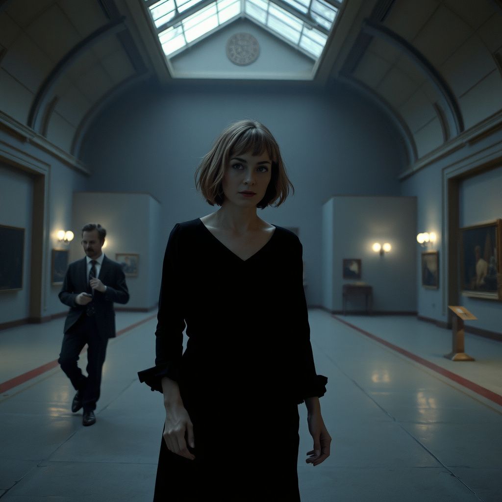 Surreal dream scene, cinematic and atmospheric, digital art: A ghostly middle-aged woman with grey-brown hair wanders silently through a dimly lit museum at night, seeking the way to the roof while a lone visitor guides her, with an eerie atmosphere and subtle spectral glow surrounding her.