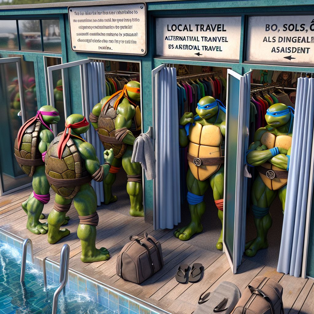 Digital art 4k scene from a movie: They were at a water park in Oslo with the teenage mutant ninja turtles, flying to Oslo on vacation and exploring a clothing store with glass doors leading to separate boys' and girls' changing rooms, feeling anxious about the flight home and suggesting to Rafael in the boys' changing room that they take a bus instead of flying to avoid a potential crash, only to be called selfish and have the door slammed in their face, choosing to ignore the turtles for the rest of the flight home.