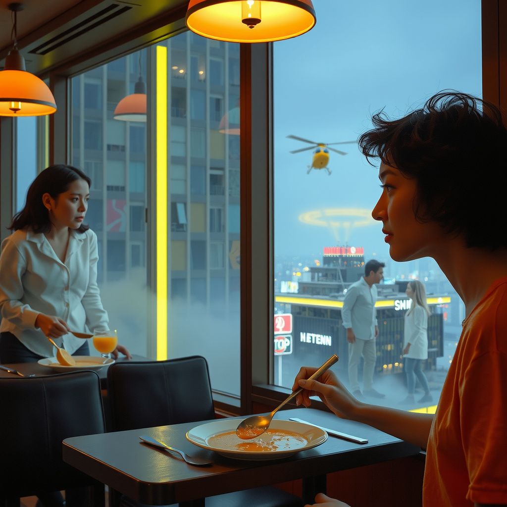 Surreal dream scene, cinematic and atmospheric, digital art: A surreal scene inside a colorful high-rise cafeteria where a person eats citrus soup while noticing ghostly figures of familiar deceased people, including a woman giving a dry angry look, with a helicopter hovering outside the window against a dreamlike urban backdrop.