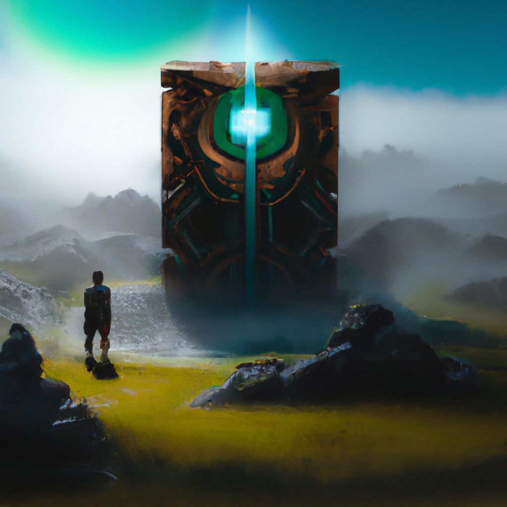 Digital art, Create an image of a person searching for a control box in a fantastical landscape while being guided by a being resembling a god.