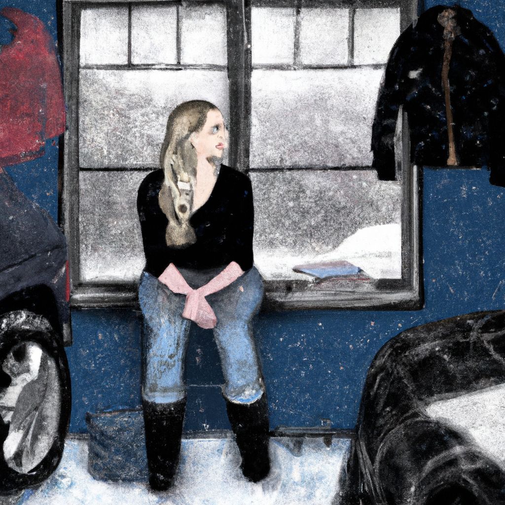 Digital art, Create an image of Michaela sitting in a detention room during winter, with her old friend Blair's belongings scattered around her, as she looks out the window at her car being pulled over by a police officer.
