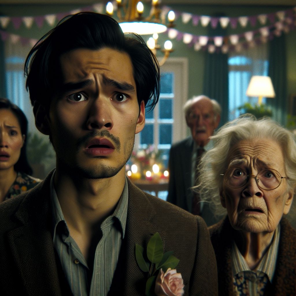 Digital art 4k scene from a movie: Solveig and Svenn were puzzled by the chaos at his birthday party, as he hid in a room for two weeks after something he couldn't remember, but they later showed up with his grandmother despite their initial refusal, knowing he only invited them for gift money.