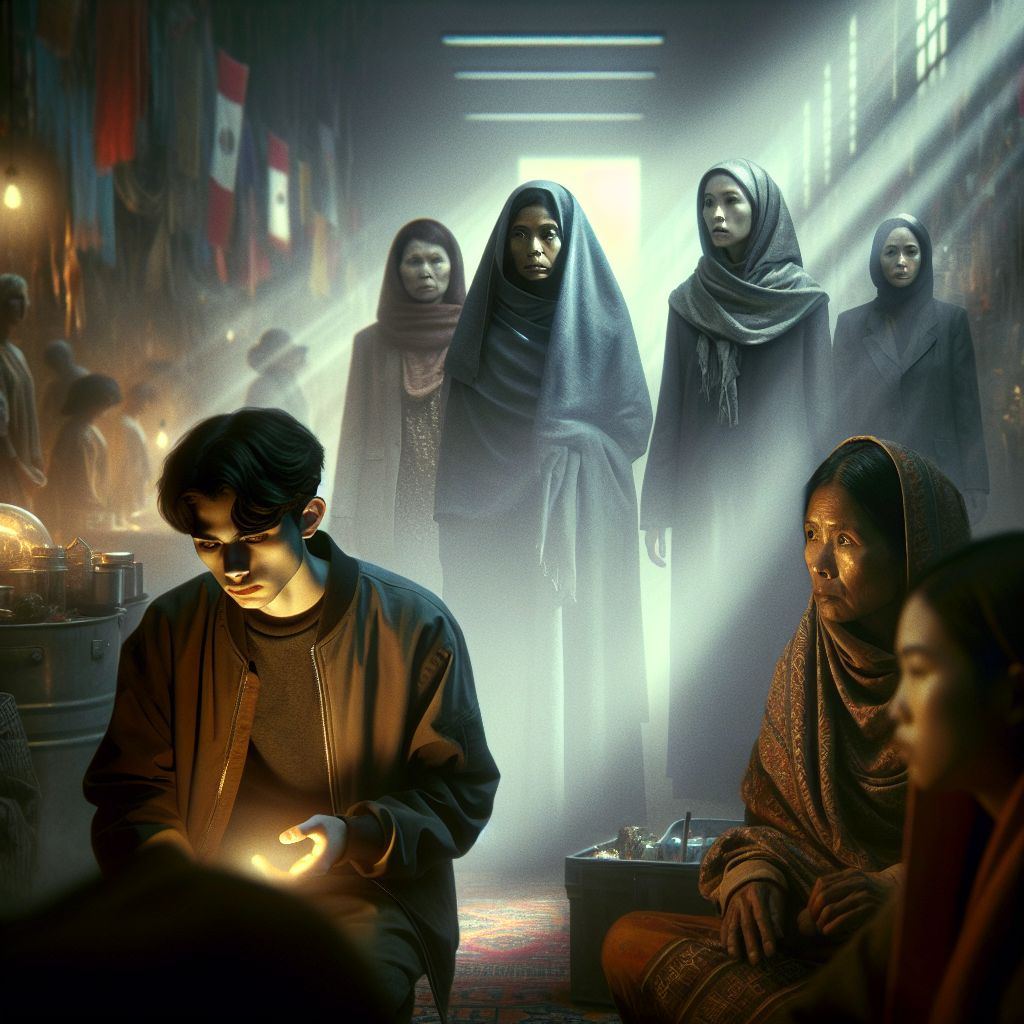 Surreal dream scene, cinematic and atmospheric, digital art: A tense scene inside a women's homeless shelter where a young person quietly searches for clues about missing belongings while two women in the background glance at them with suspicious and intimidating expressions, conveying a complex mix of mistrust and vulnerability.