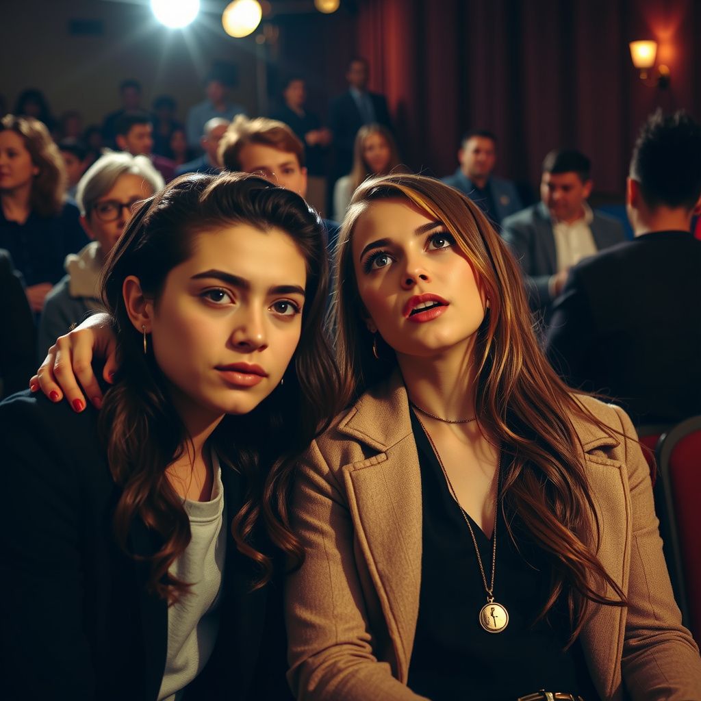 Surreal dream scene, cinematic and atmospheric, digital art: A cozy scene of two friends sitting closely together in an intimate music audition setting, one leaning comfortably on the other's shoulder as they watch a nervous young woman begin to sing on stage, with expressions of support and encouragement on their faces.