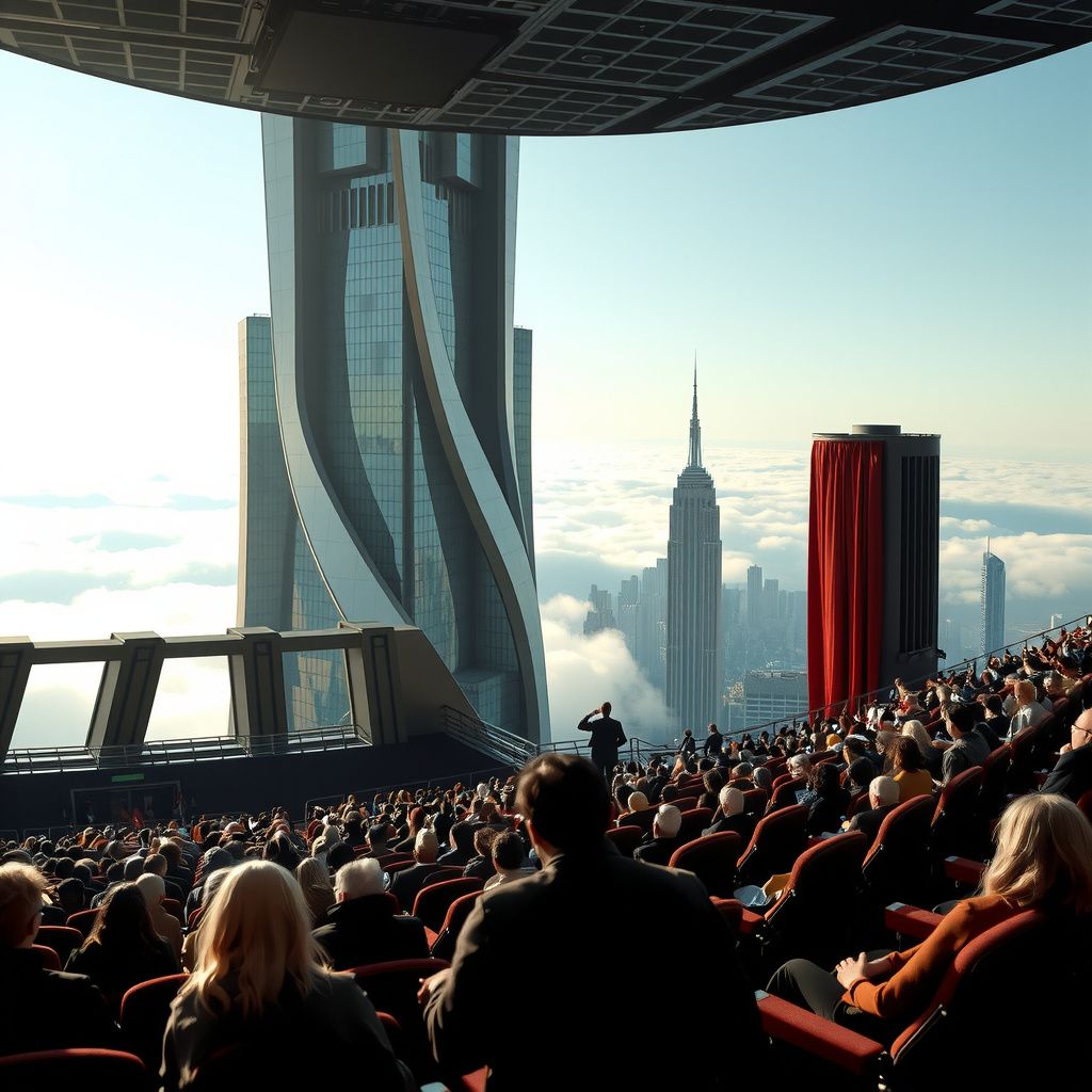 Surreal dream scene, cinematic and atmospheric, digital art: A futuristic, colossal movie theater atop a skyscraper reaching the clouds, filled with an enormous audience seated in a grand, fantasy-inspired auditorium, where a group of friends awkwardly find their seats amidst subtle, unspoken emotions.
