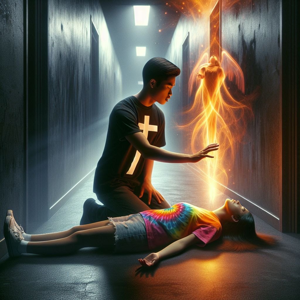 Surreal dream scene, cinematic and atmospheric, digital art: A compassionate man wearing a black t-shirt with a white cross performs a powerful exorcism in a dark, empty back hallway of a club, laying his hand on an unconscious woman in a rainbow tie-dye shirt as her glowing transparent orange soul rises and cleanses itself from invisible demons under the cool night breeze.