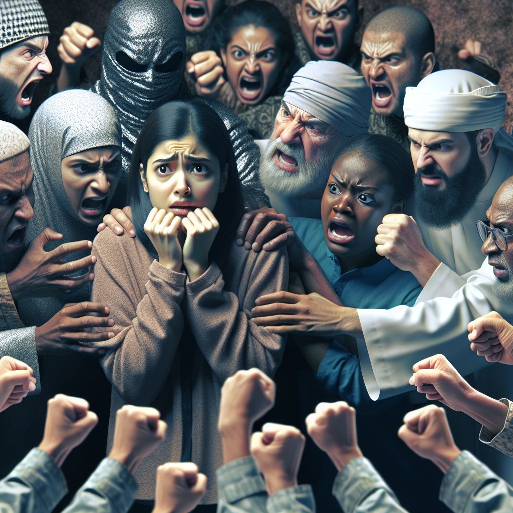 Digital art 4k scene from a movie: The AI generated image shows a person surrounded by shadowy figures representing their friends and family, all with angry expressions and fists clenched, while the person looks confused and scared.