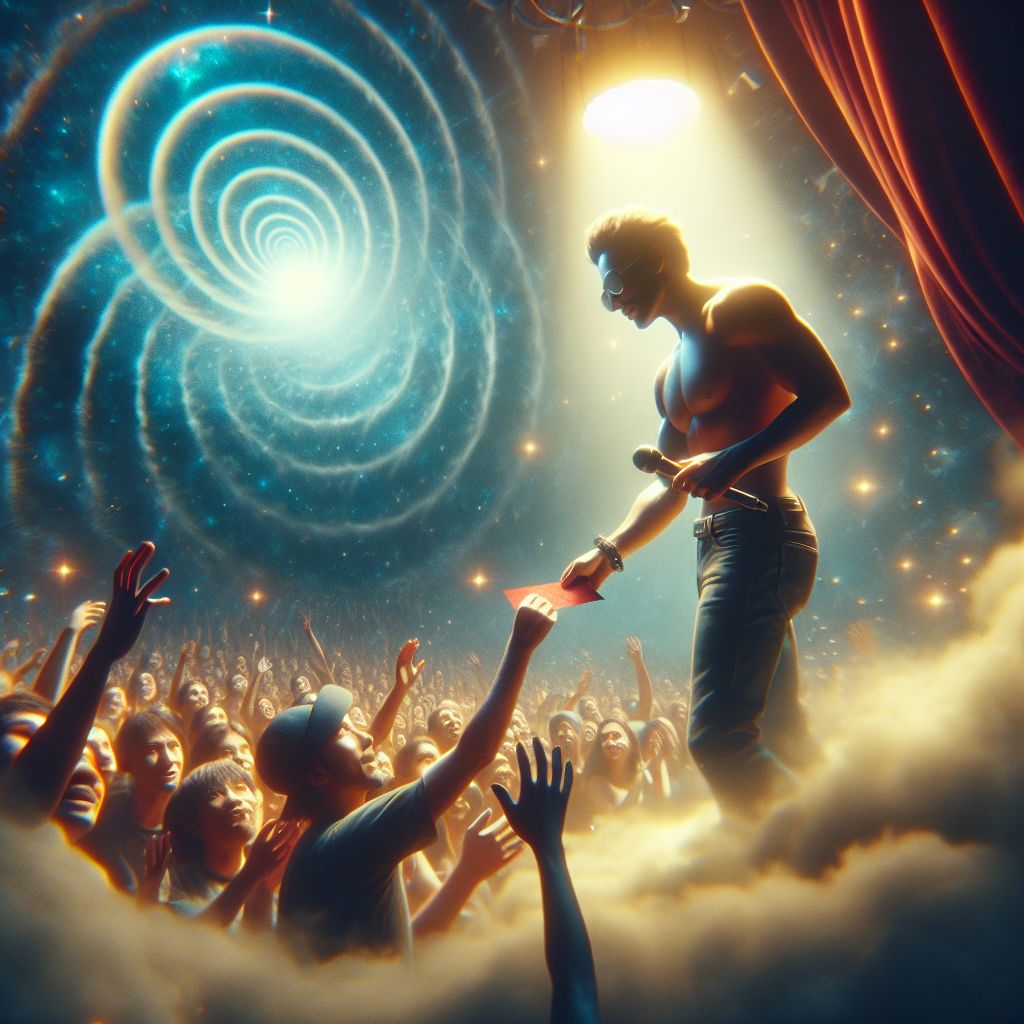 Surreal dream scene, cinematic and atmospheric, digital art: A starstruck crowd surrounds Chris Brown as he kindly hands a red paper with his phone number to an excited fan at a lively concert setting.