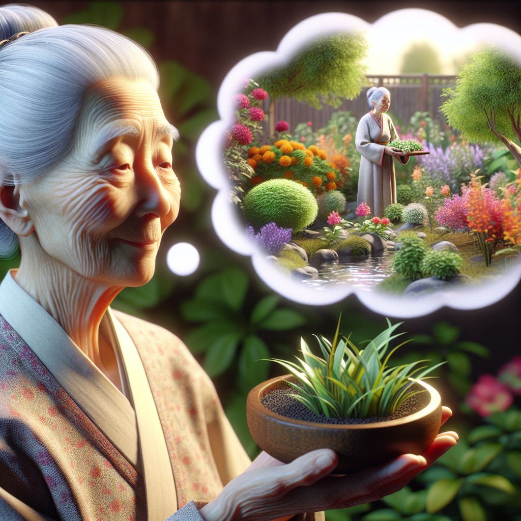 Digital art 4k scene from a movie: An elderly woman dreams of being rewarded with a peaceful garden to tend to as a form of positive reinforcement for her good behavior.