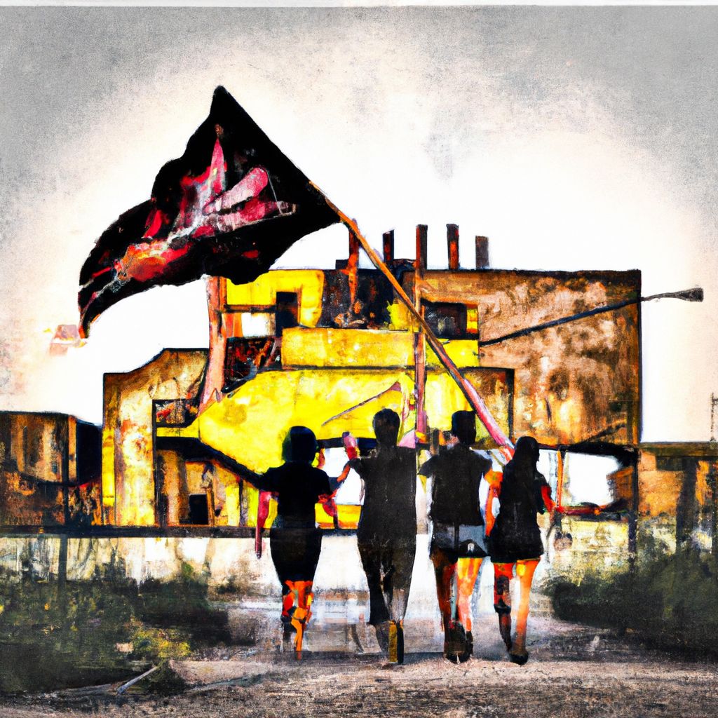 Digital art, Generate an image of a group of friends running away from a burning building in an abandoned area with a homemade flag in hand.