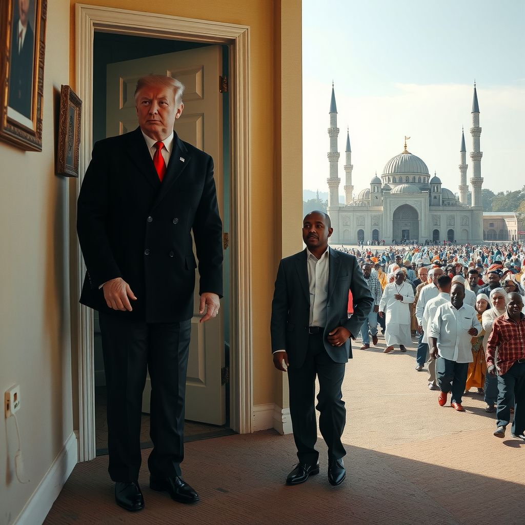 Surreal dream scene, cinematic and atmospheric, digital art: A nervous individual quietly nods to a perfectly groomed President Trump walking with security guards in a narrow hallway inside a modest house, later standing among a diverse crowd near a distant Islamic mosque on a sunny day as bells chime and people in traditional Muslim attire celebrate with music and dancing, while the individual observes with unease.