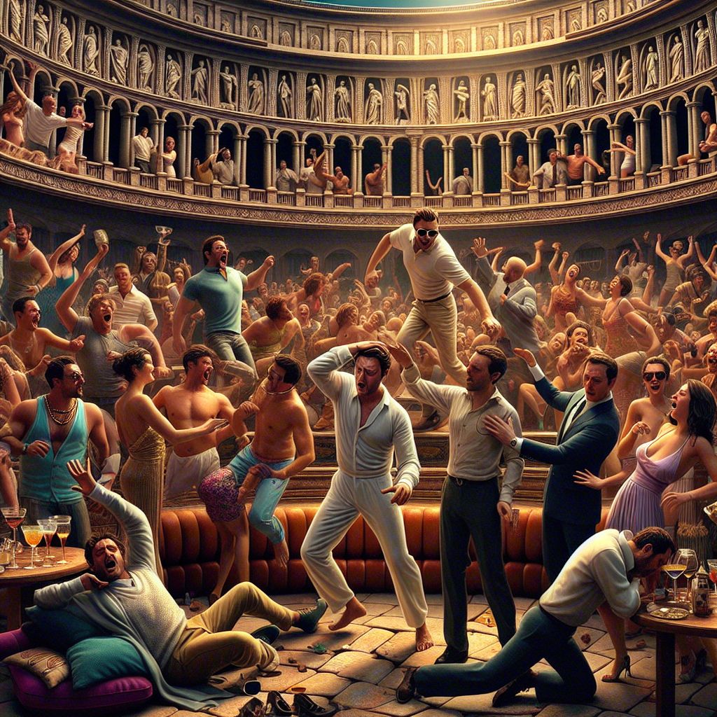 Digital art 4k scene from a movie: A group of friends having a blast in a club designed like a colosseum, with one person trying to dance on the main character as they try to stay sober, only for unexpected appearances and misunderstandings to lead to a phone call from their upset wife.