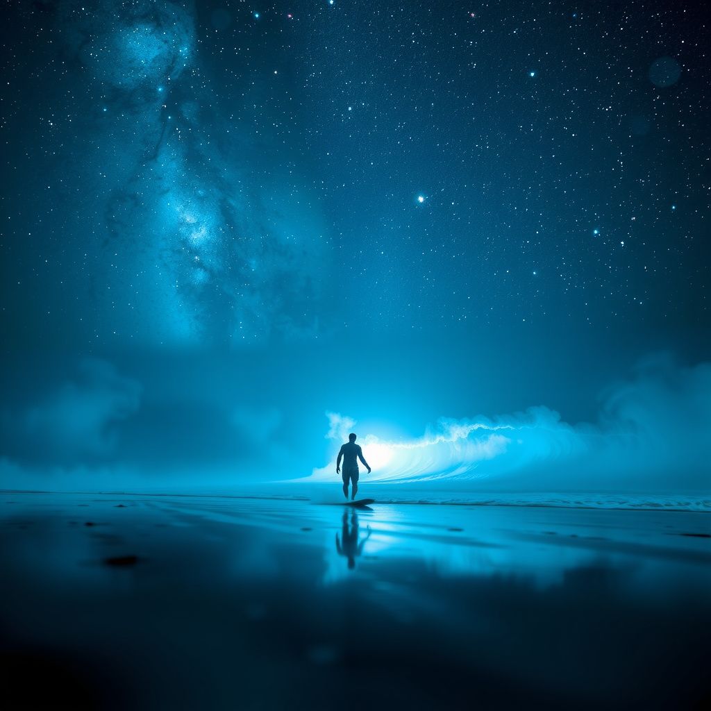 Surreal dream scene, cinematic and atmospheric, digital art: A lone surfer rides glowing bioluminescent waves on a luminous surfboard at midnight on a mysterious beach under a swirling galaxy-filled sky, creating a surreal and magical nighttime ocean scene.