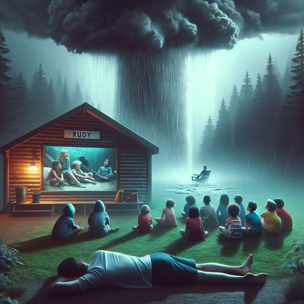 Surreal dream scene, cinematic and atmospheric, digital art: A surreal summer camp scene where a group of children and a young man sit on grass under ominous dark rain clouds that release waves of water onto them, transitioning into a cozy cabin interior with a movie screen showing the name 'Rudy,' followed by a person lying face down on a bed with subtle, mysterious movement near their legs, evoking a dreamlike atmosphere.