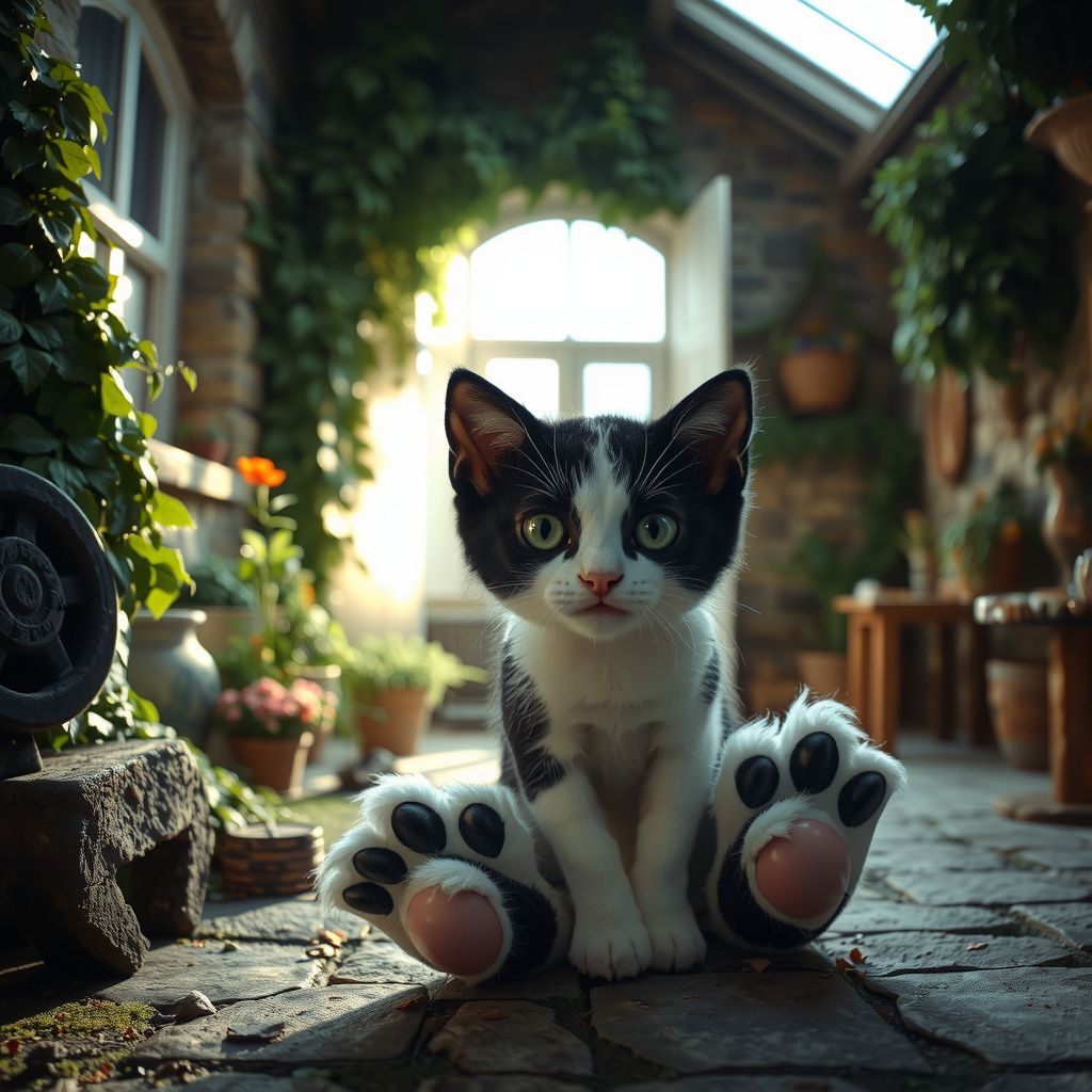 Surreal dream scene, cinematic and atmospheric, digital art: A heartwarming scene of a black and white kitten with oversized, comically large flipper-like paws exploring a cozy countryside cottage filled with ivy-covered stone walls, soft sunlight streaming through windows, and a gentle human family welcoming the quirky new pet with warmth and affection.