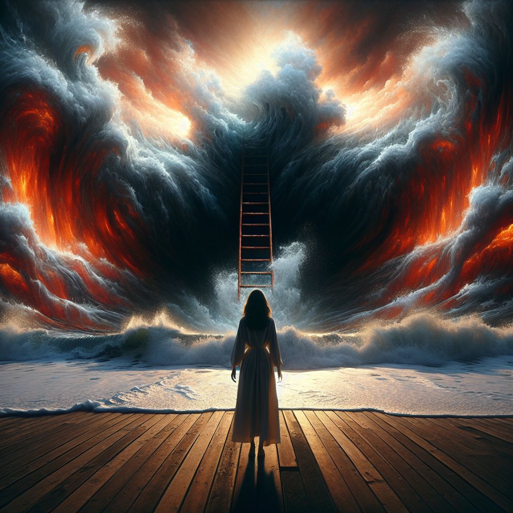 Digital art 4k scene from a movie: Amelia stood at the edge of the dark ocean, its ominous waves crashing against the rusty red ladder she had just climbed, a stark contrast to the sunny beach scene behind her.