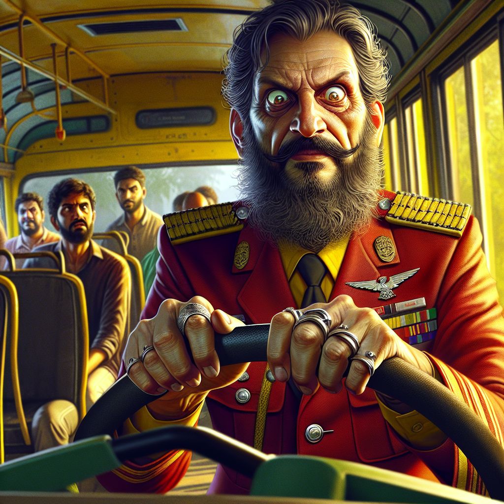 Digital art 4k scene from a movie: An eccentric bus driver in a bright yellow bus struggles to contain their excitement as they navigate through the winding roads, trying to keep their inappropriate thoughts at bay while picking up passengers.