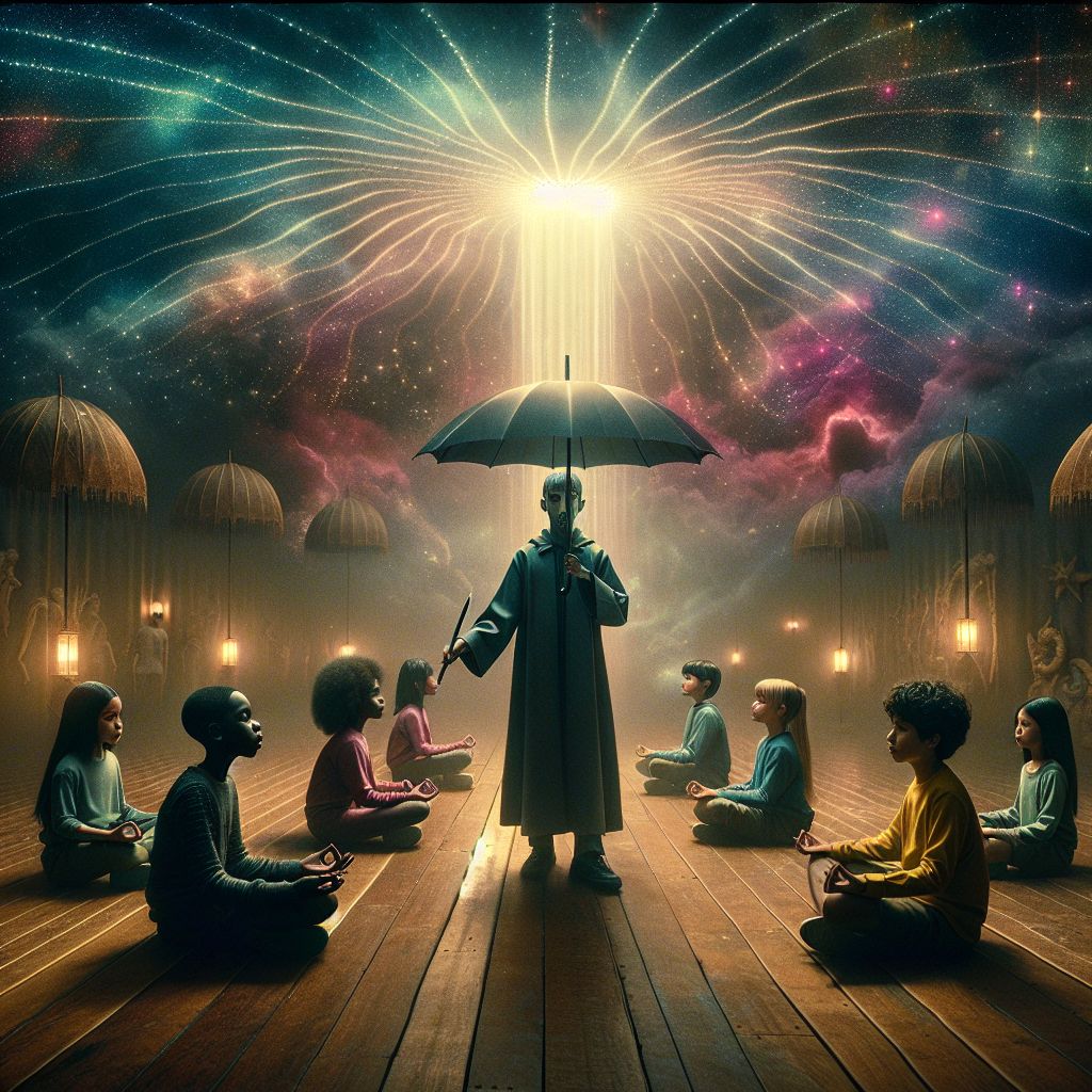 Surreal dream scene, cinematic and atmospheric, digital art: A surreal scene depicting a mysterious mentor teaching six diverse children unique meditation techniques in a mystical, dreamlike environment inspired by the worlds of Umbrella Academy and The OA.