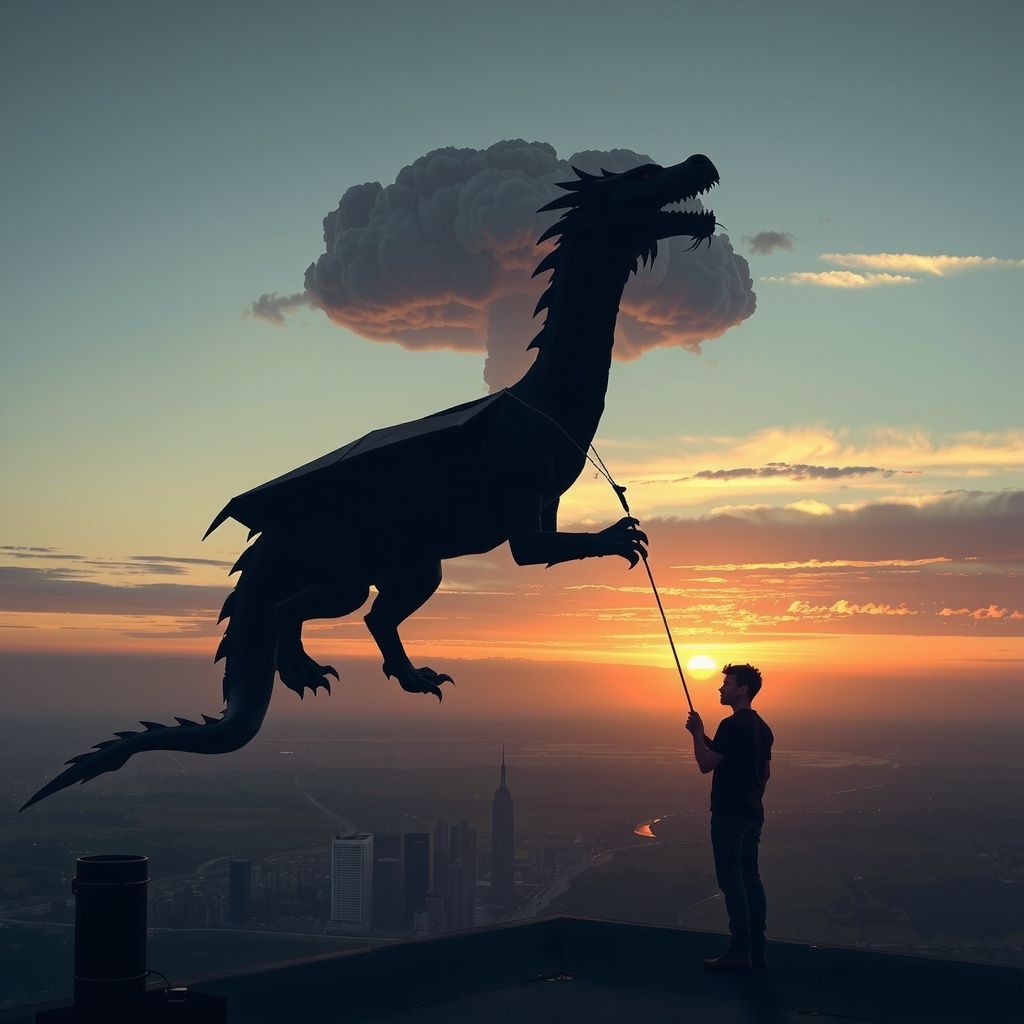Surreal dream scene, cinematic and atmospheric, digital art: A contemplative figure stands on a rooftop at sunset, holding a giant dragon-shaped kite while gazing toward a distant mushroom cloud rising over a quiet city skyline, blending surreal time shifts and nostalgic memories.