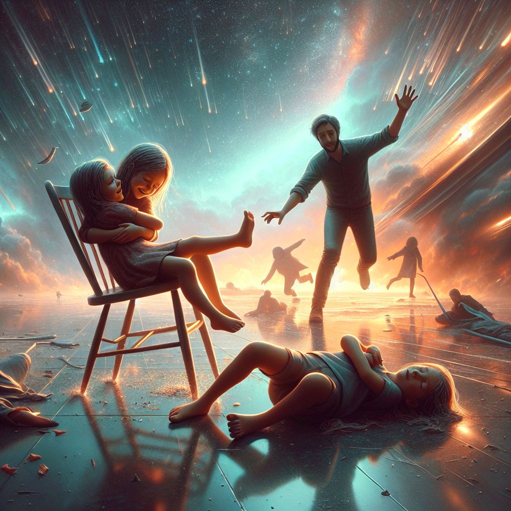 Surreal dream scene, cinematic and atmospheric, digital art: A heartwarming scene of two grandchildren, Francis and June, hugging happily in a low chair as their dad quickly rushes to help them after a gentle tumble, with smiles showing no one is hurt.