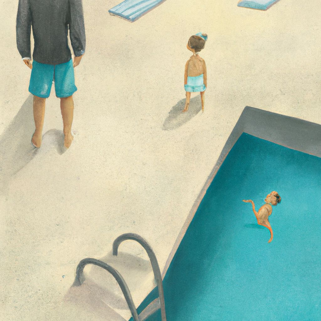Digital art, A person stands at the top of a long staircase leading down into a swimming pool, feeling embarrassed as their dad playfully teases them about not having a swimsuit on.