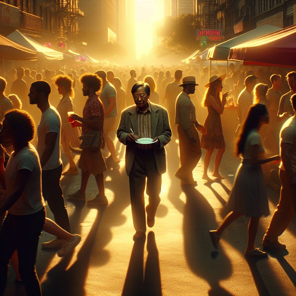 Surreal dream scene, cinematic and atmospheric, digital art: A lively downtown street at sunset filled with people enjoying live music and block parties, featuring a slow walker holding a paper plate while casually observing the festive crowd as others pass by, with warm golden light casting long shadows.