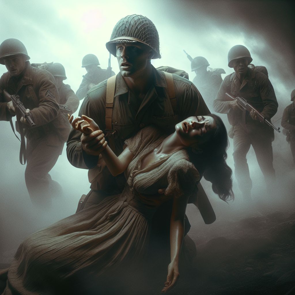 Surreal dream scene, cinematic and atmospheric, digital art: A tense scene depicting an American soldier named James bravely rescuing a frightened woman from a war-torn setting with Mexican soldiers, capturing a mix of intense emotion, military atmosphere, and uncertain hope in a dramatic moment.