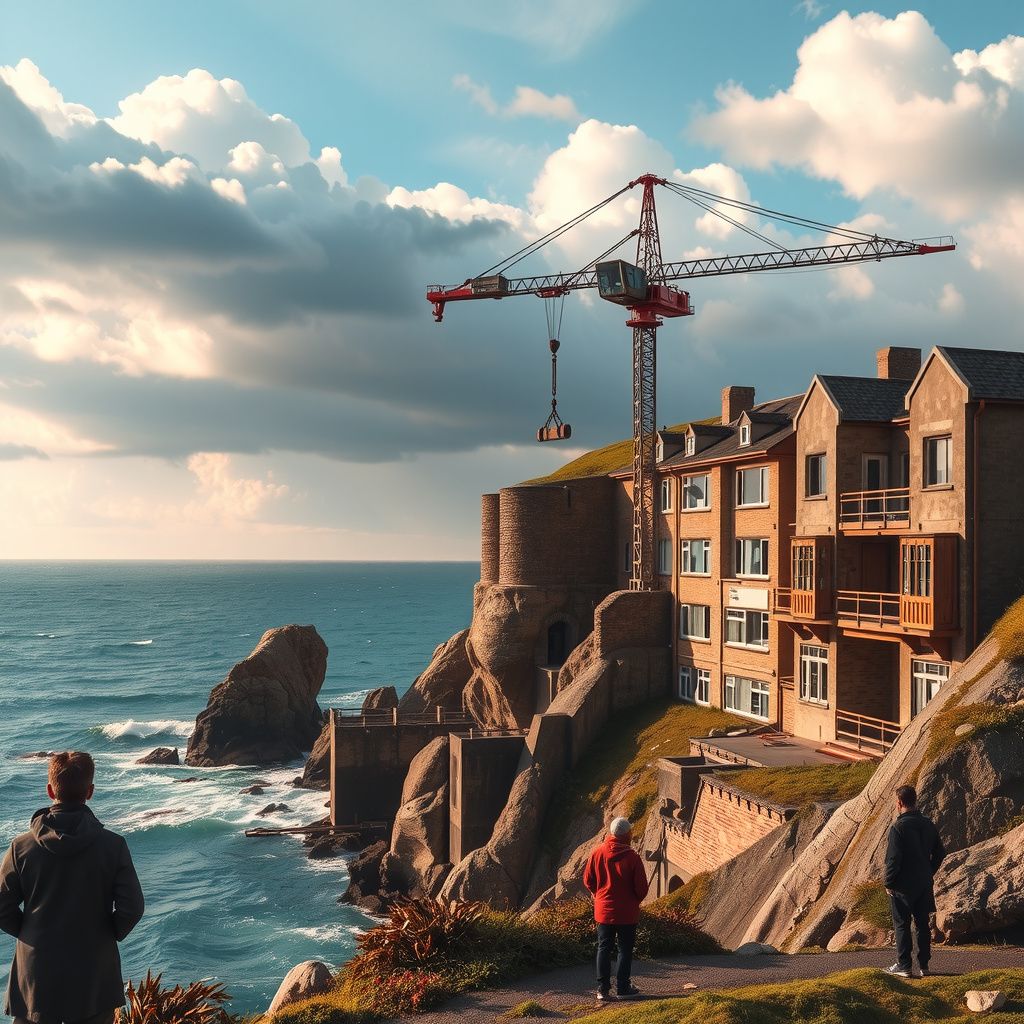 Surreal dream scene, cinematic and atmospheric, digital art: A detailed diorama of a cliffside ocean construction site featuring a large crane lifting heavy materials across platforms, surrounded by curious adults in a boarding school setting with a dramatic sky and rugged coastline.