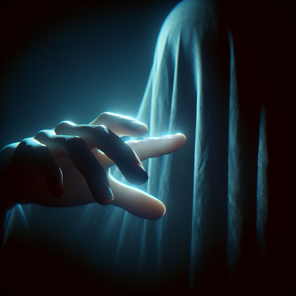 Digital art 4k scene from a movie: A translucent, glowing hand with short fingers slowly reaching out towards an unseen figure in the darkness.