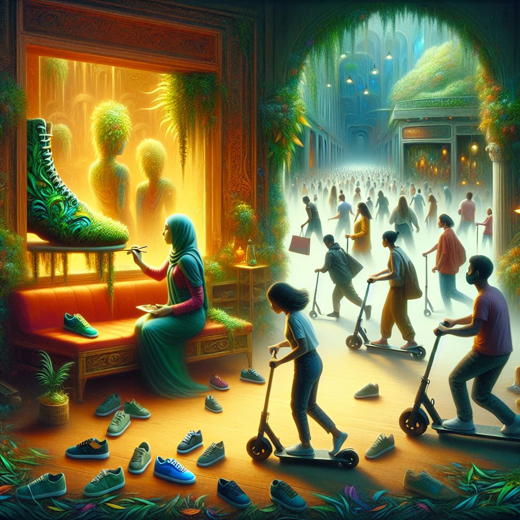 Surreal dream scene, cinematic and atmospheric, digital art: A curious person explores a cozy living room where a woman decorates shoes with green leaves, while another person arrives nearby, and later that day, the scene transitions to a bustling mall filled with people on scooters searching for a T-shirt.