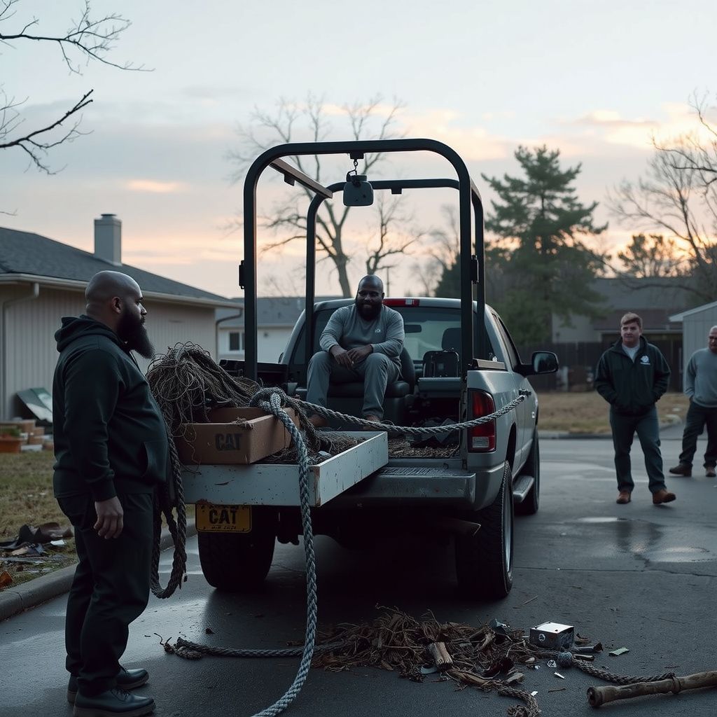 Surreal dream scene, cinematic and atmospheric, digital art: A black bald-headed man with a thick beard operates a Cat machine to pull debris from the back of a truck in a backyard while his friends watch during natural disaster cleanup.