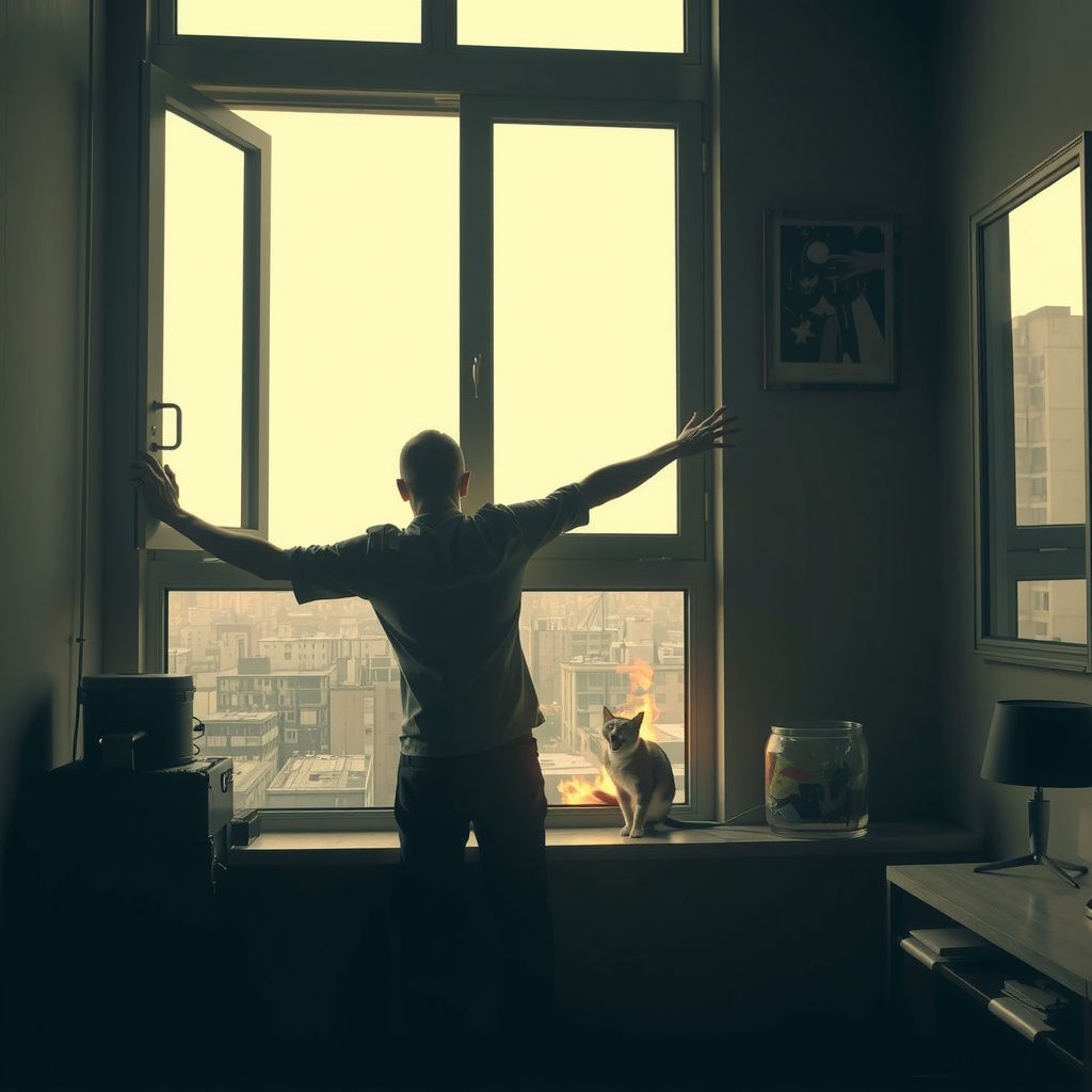 Surreal dream scene, cinematic and atmospheric, digital art: A terrified person closes a wide open window in a sunlit high-rise apartment as a cat screams nearby, while a small contained fire burns inside, capturing a tense and emotional urban scene.