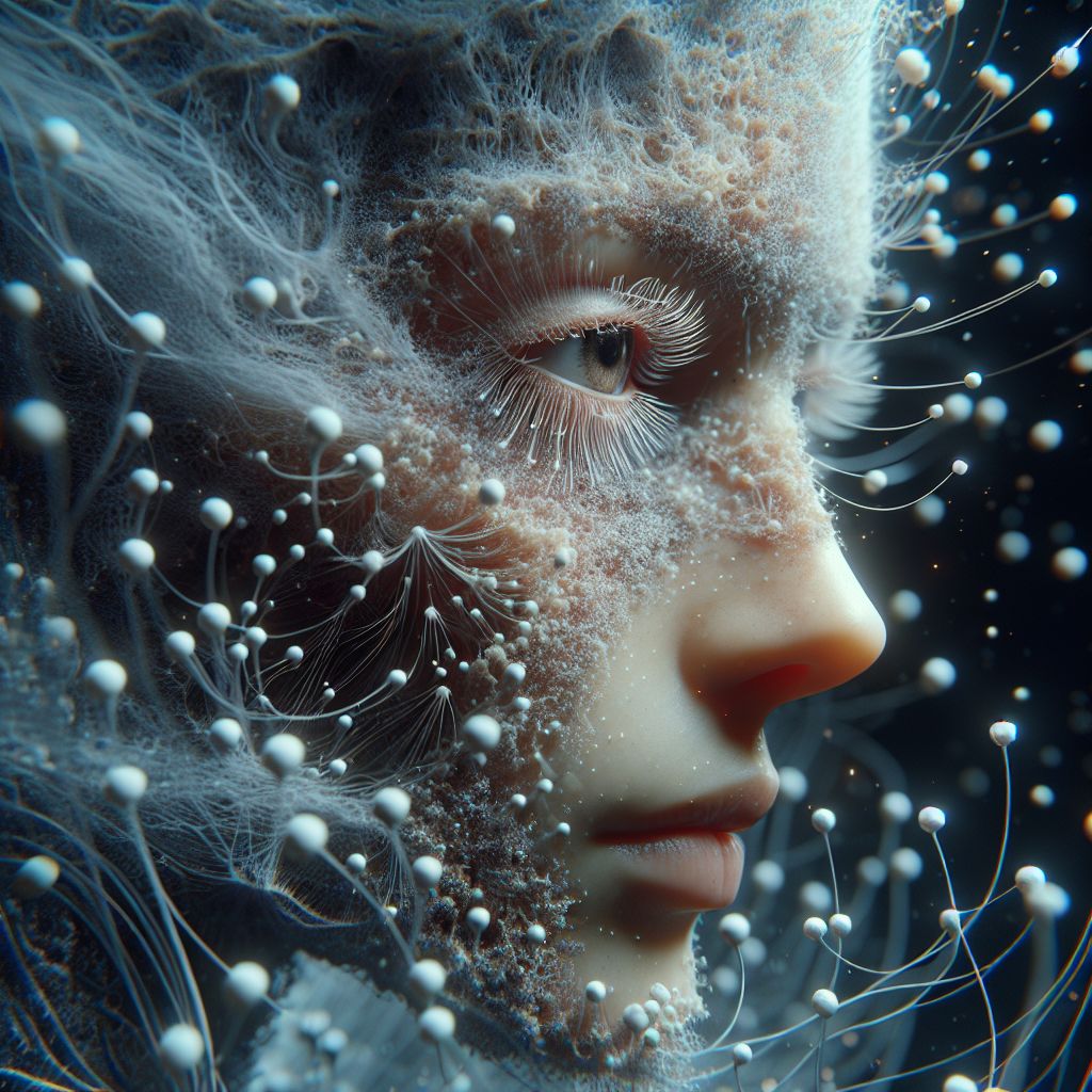 Surreal dream scene, cinematic and atmospheric, digital art: A surreal and imaginative scene of a person with tiny white worms emerging gently from their skin and eyes, depicted in a detailed and artistic style with a focus on surrealism and fantasy.