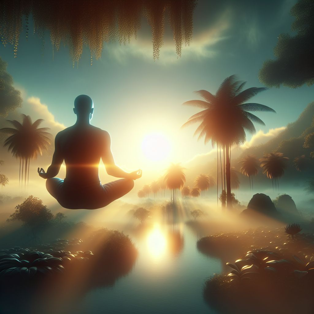 Surreal dream scene, cinematic and atmospheric, digital art: A serene person sitting cross-legged in a tranquil garden at sunrise, surrounded by soft glowing light and peaceful nature, embodying the calm focus of prioritizing meditation.