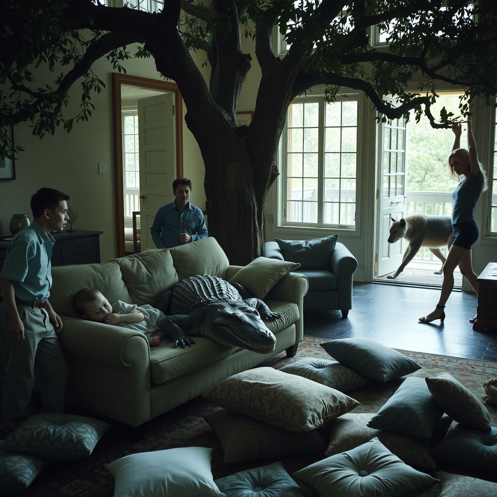Surreal dream scene, cinematic and atmospheric, digital art: A tense living room scene where a cautious person slowly moves away from a large crocodile lying on a couch beneath a tree, with a toddler sleeping nearby, while nearby a determined woman defends against a hyena and other wild animals amidst scattered pillows and furniture.