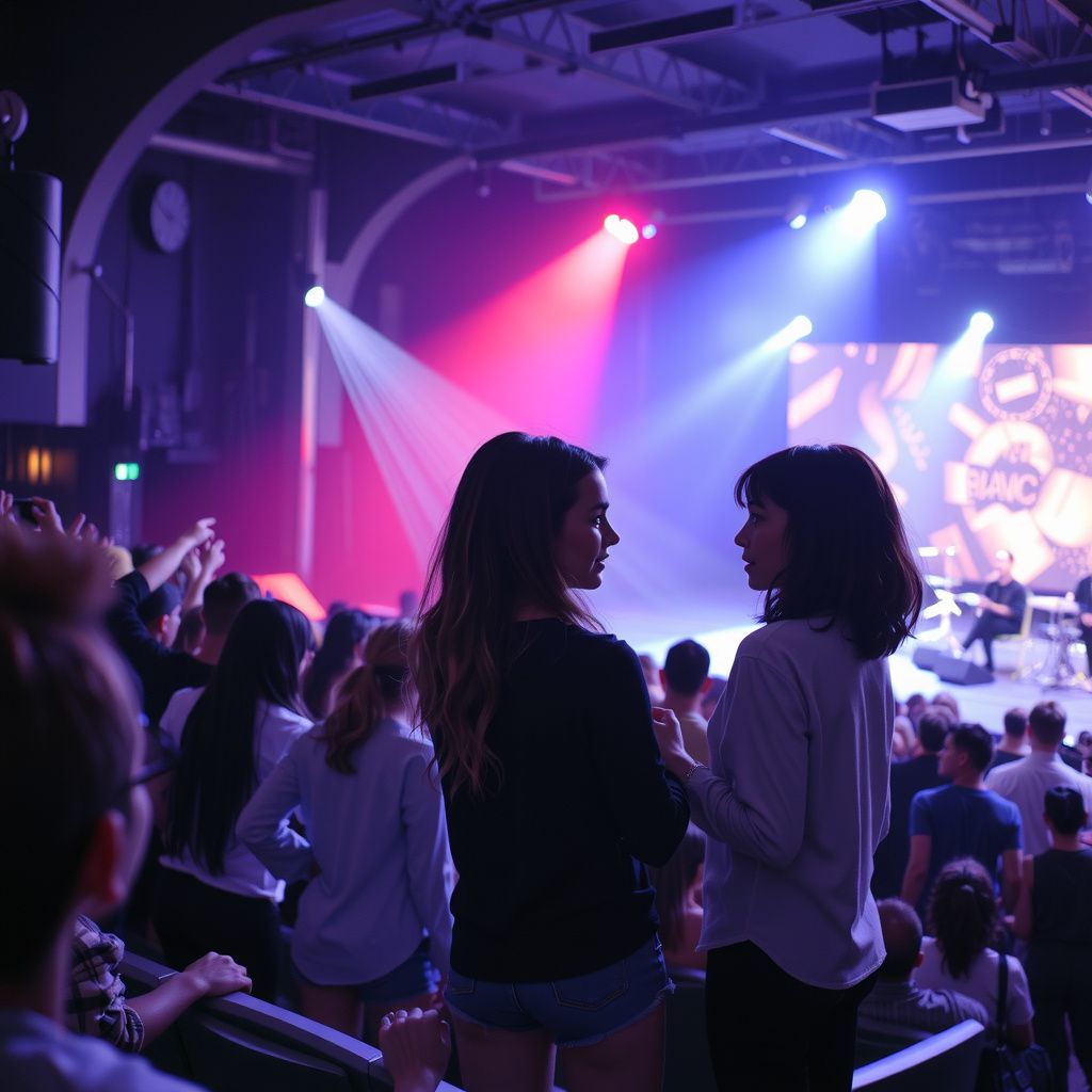 Surreal dream scene, cinematic and atmospheric, digital art: A crowded concert scene with an energetic performer on stage, a group of friends in the risers, and a tense but non-violent interaction between two young women, capturing the complex emotions of confrontation and unexpected attempts at friendship.
