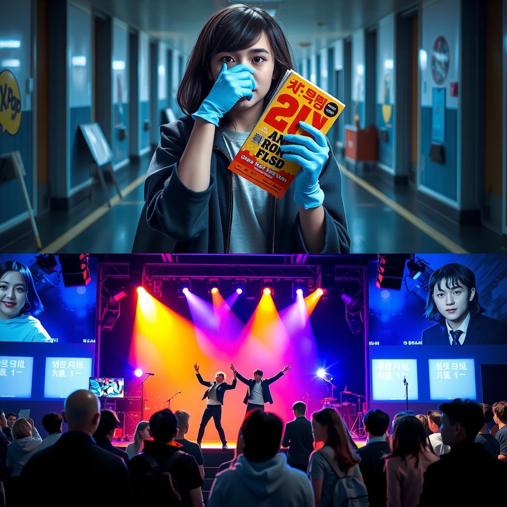 Surreal dream scene, cinematic and atmospheric, digital art: A young performer wearing blue nitrile gloves walks through a bustling school hallway, creatively planning colorful flyers for a K-Pop concert tour, then confidently dances on stage with a popular boy band, followed by a heartfelt ceremony where she is celebrated by friends and fans amidst murals of famous K-Pop groups.