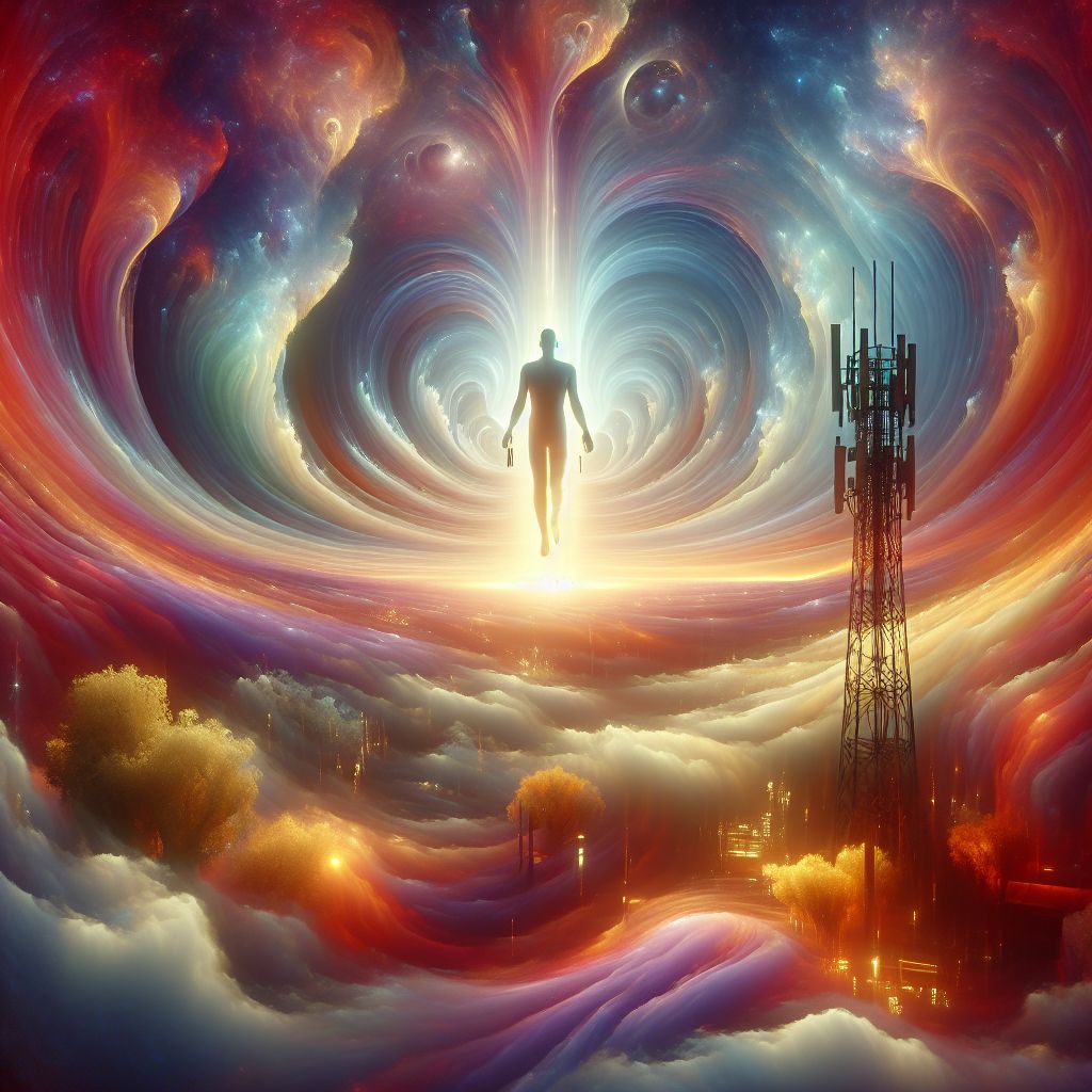 Digital art 4k scene from a movie: Do a surreal image of a person peacefully floating down from the top of a cell phone tower, surrounded by a lucid dream-like landscape.