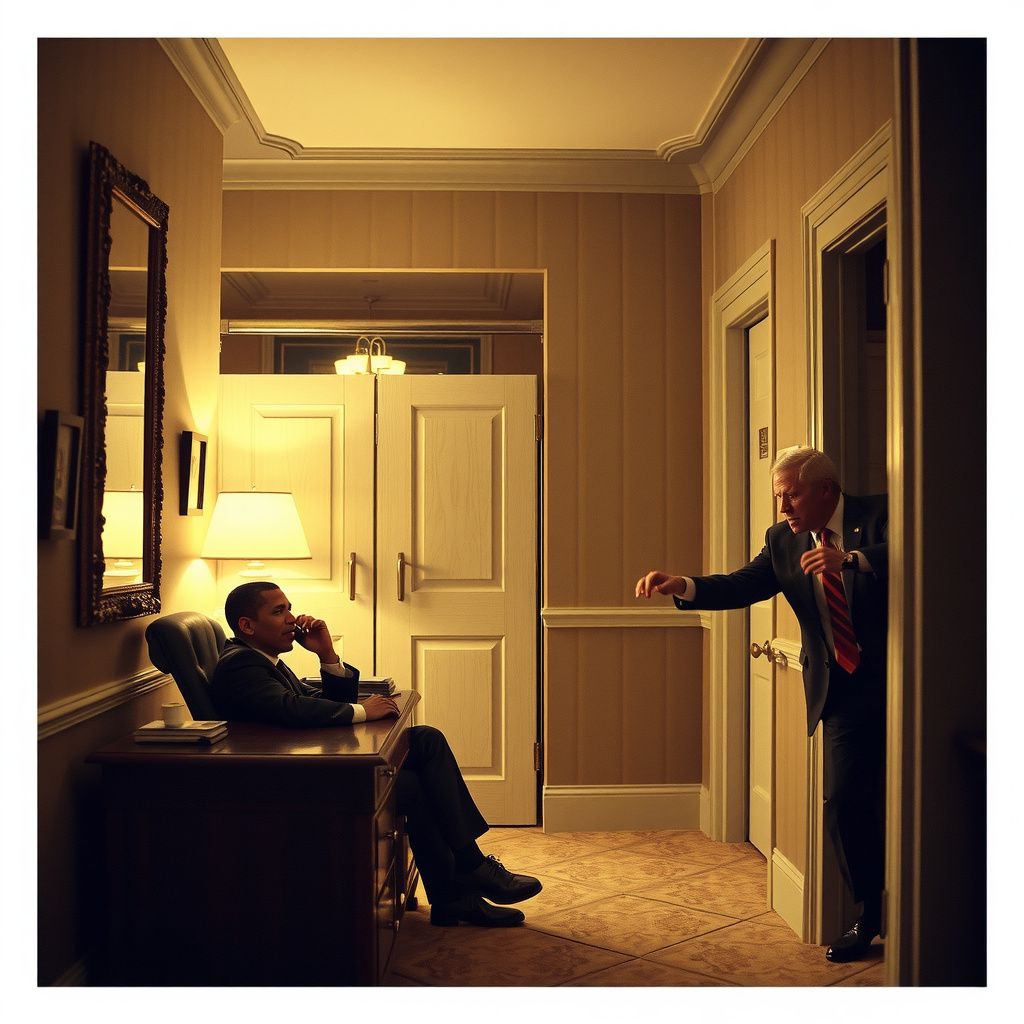Surreal dream scene, cinematic and atmospheric, digital art: A person hiding atop a ledge inside a luxurious hotel bathroom stall while Barack Obama sits at a desk taking a phone call and George W. Bush bursts through the door in a playful game of hide and seek.