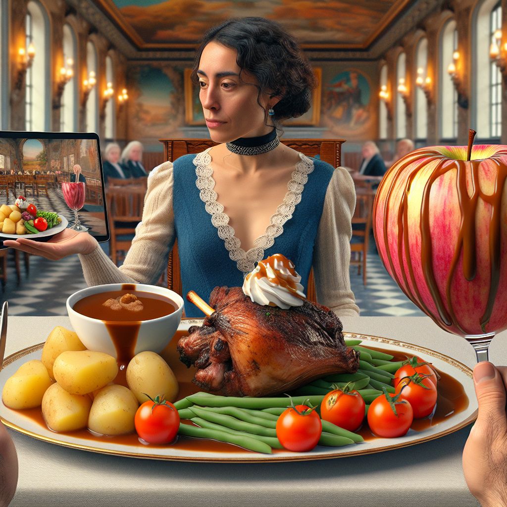 Digital art 4k scene from a movie: Dall-E, generate an image of a person sitting at a table in a grand hall with a plate filled with lamb, boiled potatoes, runner beans, carrots, and gravy in front of them, enjoying a chocolate Sunday dessert while a cherry tomato-filled apple sits nearby.