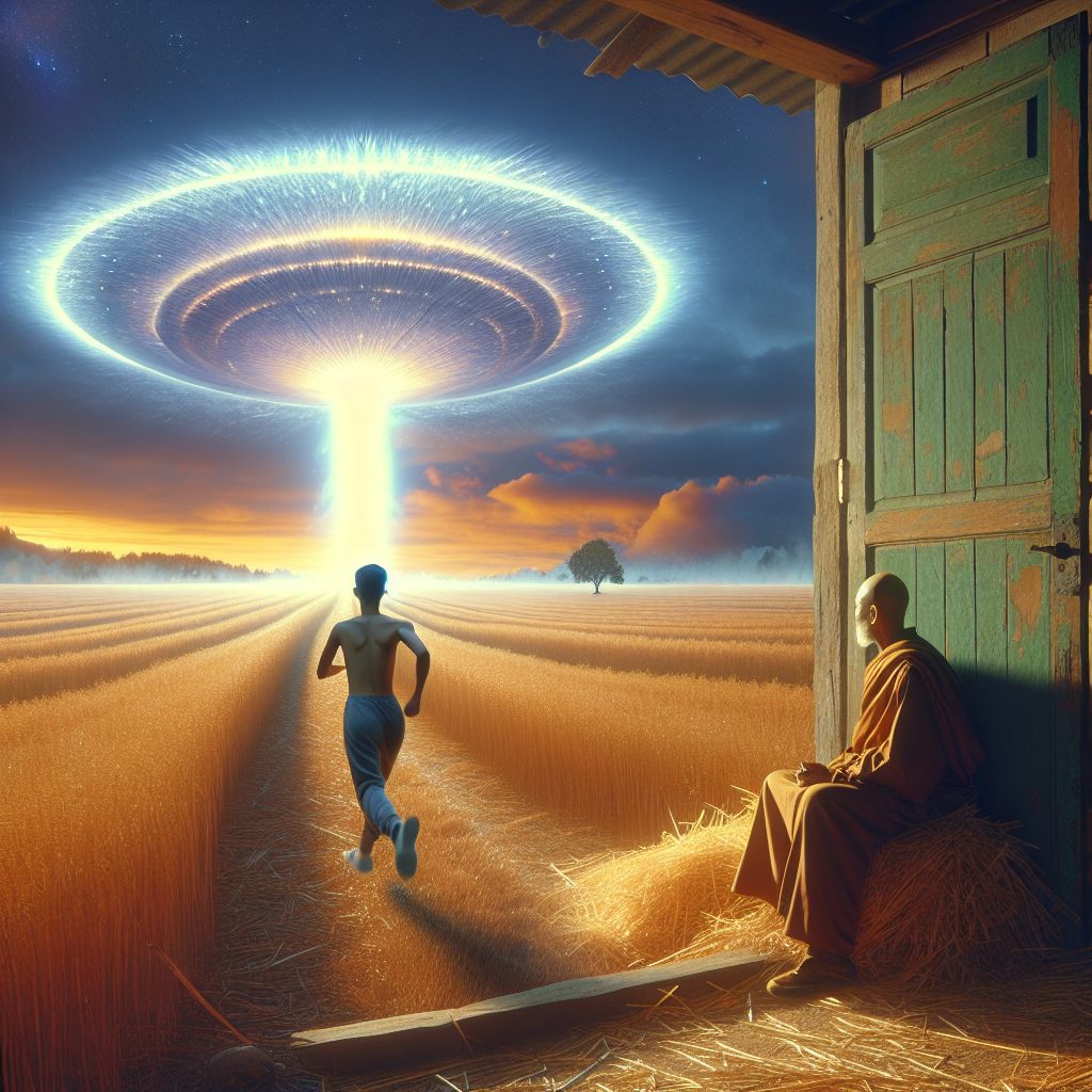 Surreal dream scene, cinematic and atmospheric, digital art: A person sprints across a golden straw field in the Midwest toward a massive, glowing alien ship that flickers like a hologram before vanishing, while a wise spiritual mentor waits patiently in the doorway of a nearby farmhouse.