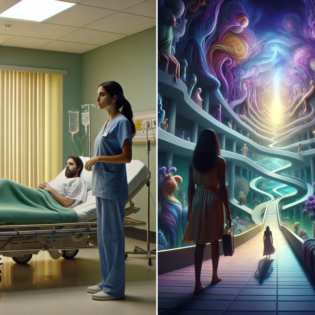 Digital art 4k scene from a movie: Ruth stands by Buck's hospital bed, anxiously awaiting news of his knee surgery, while his ex-wife embarks on a surreal journey to retrieve her car from the parking garage, navigating through a maze of dreams and memories.