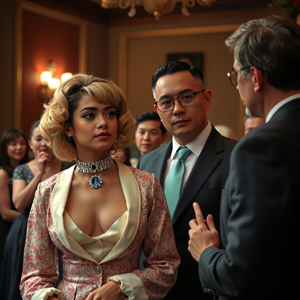 Surreal dream scene, cinematic and atmospheric, digital art: A thoughtful young man at a public event, dressed elegantly in feminine attire with makeup and a wig, gradually removes them while talking sincerely with his understanding parents in a warm, supportive setting.