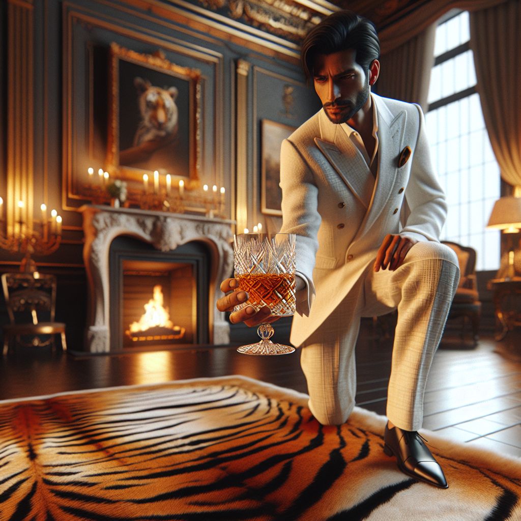 Digital art 4k scene from a movie: An elegant and cozy living room with a fireplace, a tiger rug, and a man in a white suit offering a drink, radiating a sense of unease despite the luxurious setting.