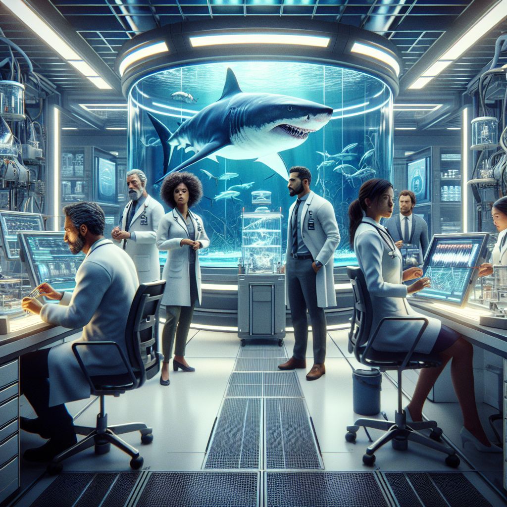 Digital art 4k scene from a movie: In a laboratory setting, a group of individuals must navigate the dangerous escape of a mutated great white shark while dealing with personal conflicts and the unexpected loss and recovery of a group of kittens.