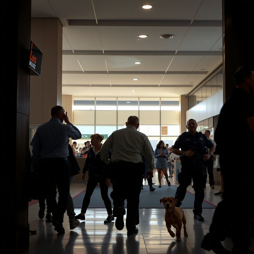 Surreal dream scene, cinematic and atmospheric, digital art: A tense scene in a large modern mall with a crowd of shoppers and police officers intervening as a man chases another person, while a small puppy nearby draws the officers' urgent attention.