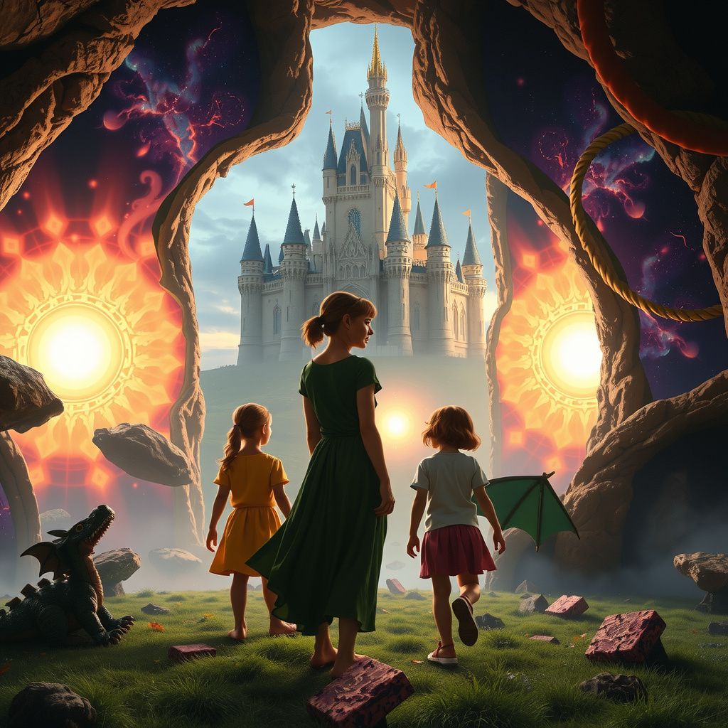 Surreal dream scene, cinematic and atmospheric, digital art: A determined young woman and her sister travel through vibrant, swirling dimensional portals surrounded by floating puzzle-like obstacles, accompanied by their playful cartoon dragon brother, approaching a majestic castle where a joyful mother awaits their return.